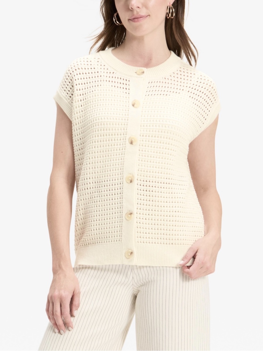 Universal Thread Cream Open Knit Sweater Vest Button Cardigan Coastal Scandi